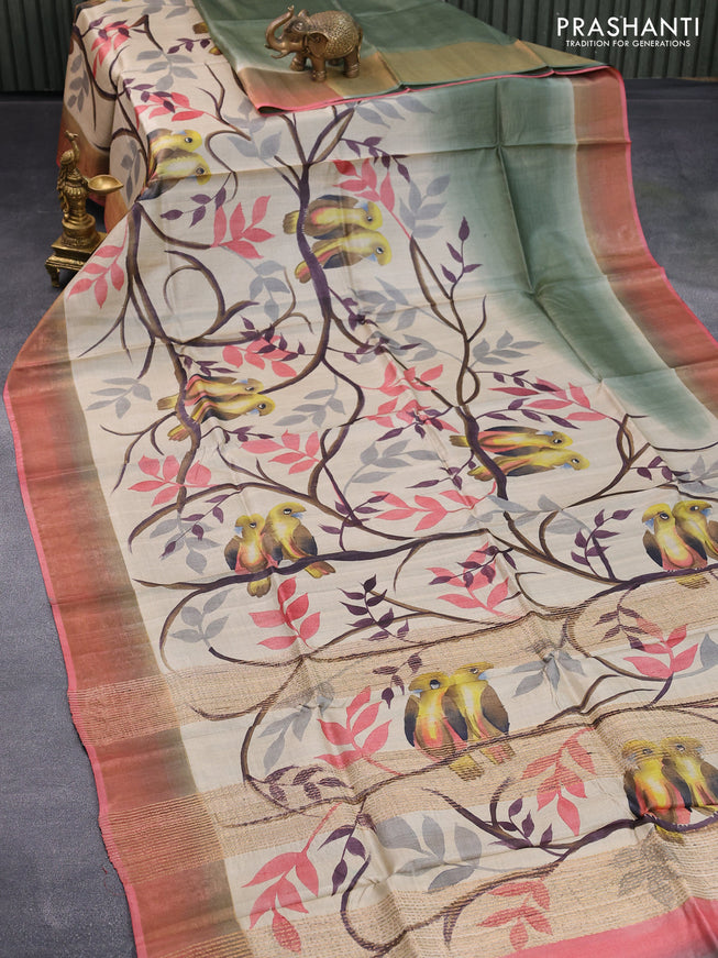 Pure tussar silk saree cream and peach pink with hand painted prints and zari woven border