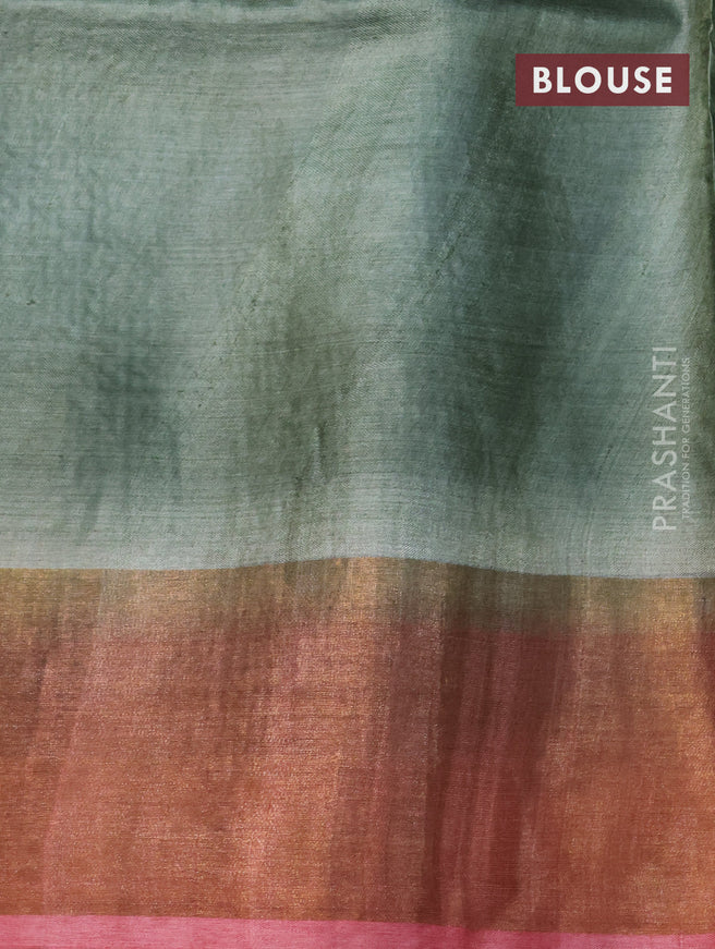 Pure tussar silk saree cream and peach pink with hand painted prints and zari woven border