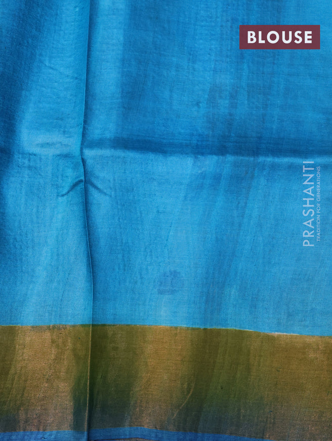 Pure tussar silk saree beige rustic orange and cs blue with allover floral hand painted prints and zari woven border