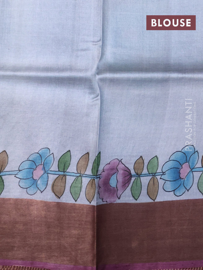 Pure tussar silk saree grey and wine shade with allover floral kalamkari hand painted prints and zari woven border