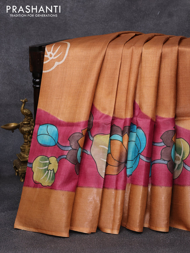 Pure tussar silk saree pink shade and rust shade with hand painted prints and zari woven border