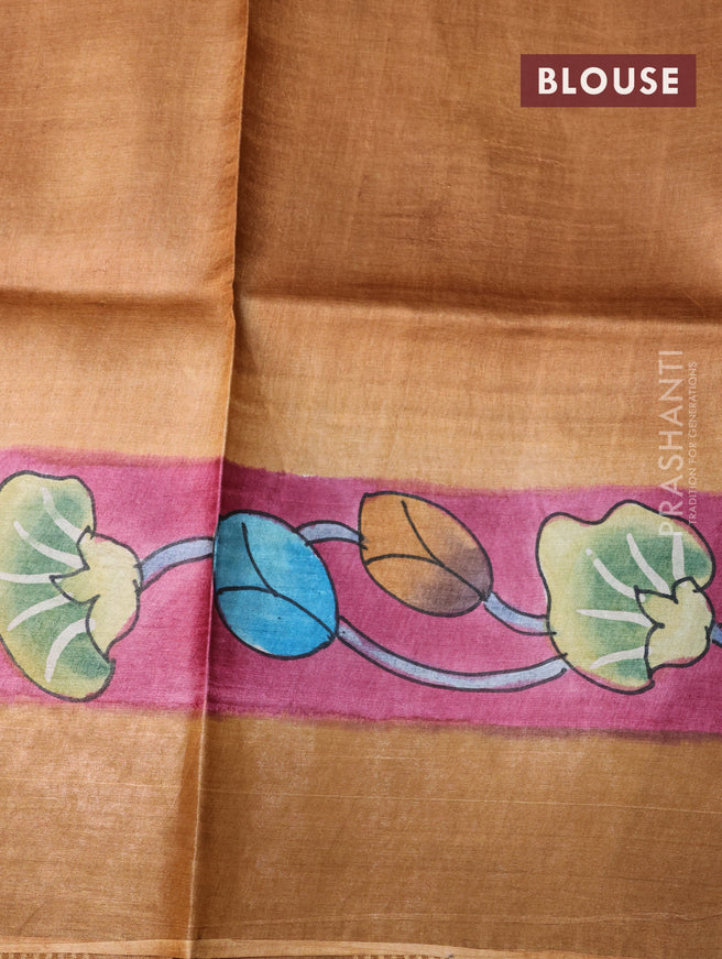 Pure tussar silk saree pink shade and rust shade with hand painted prints and zari woven border
