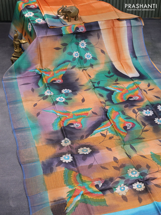 Pure tussar silk saree multi colour and blue with hand painted prints and zari woven border
