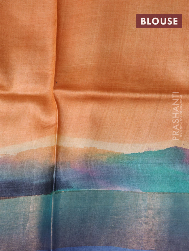 Pure tussar silk saree multi colour and blue with hand painted prints and zari woven border