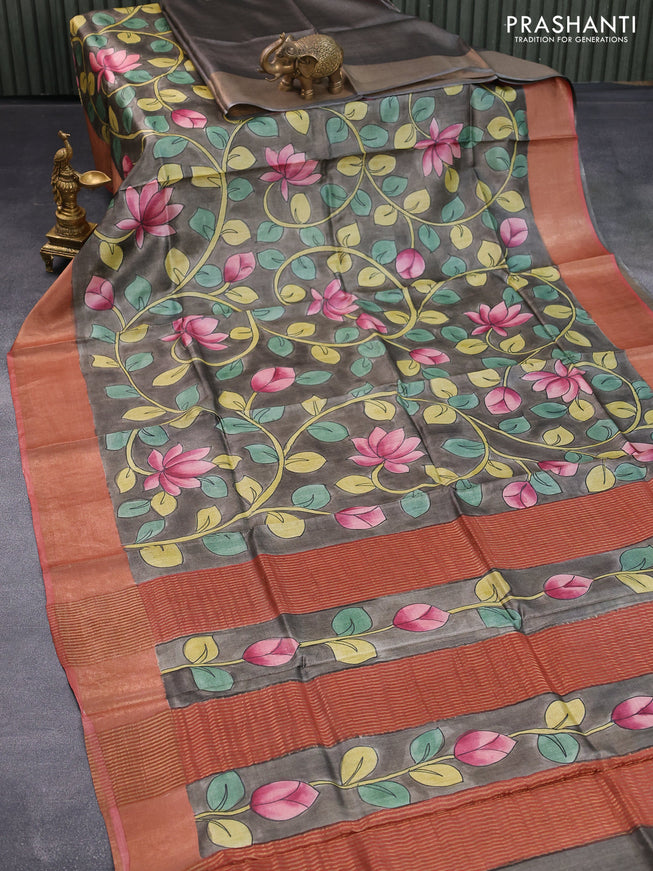 Pure tussar silk saree grey shade and rust shade with allover hand painted prints and zari woven border
