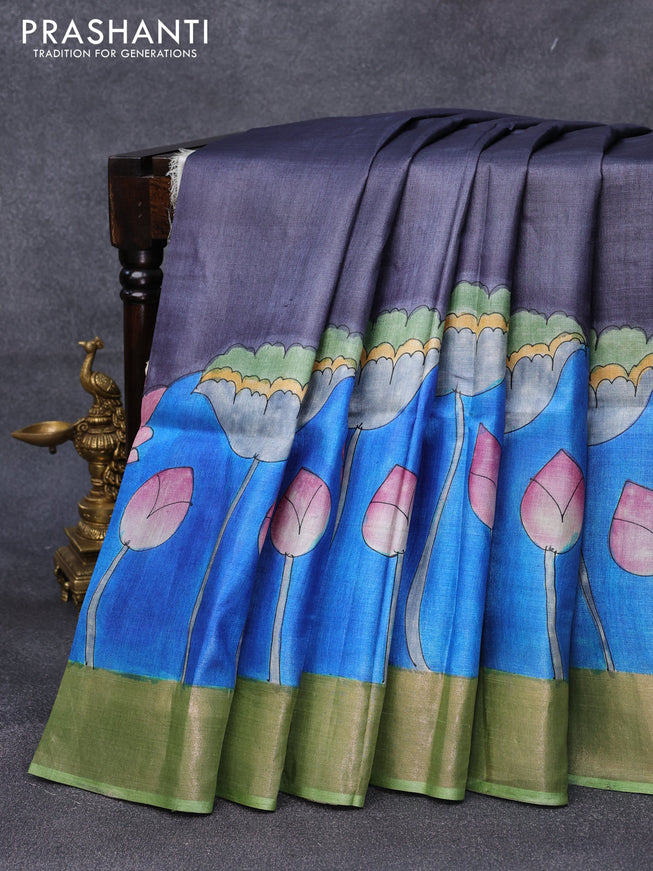 Pure tussar silk saree grey and blue green with paichwai hand painted prints and zari woven border