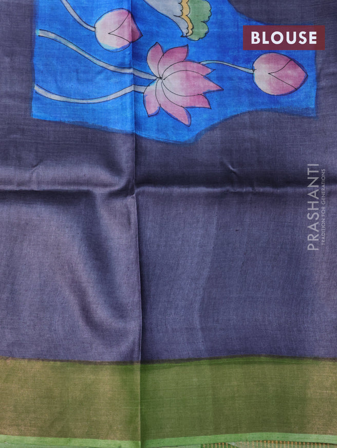 Pure tussar silk saree grey and blue green with paichwai hand painted prints and zari woven border