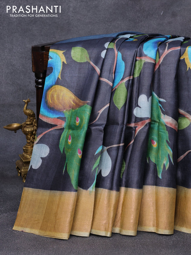 Pure tussar silk saree elephant grey and khaki shade with hand painted prints and zari woven border