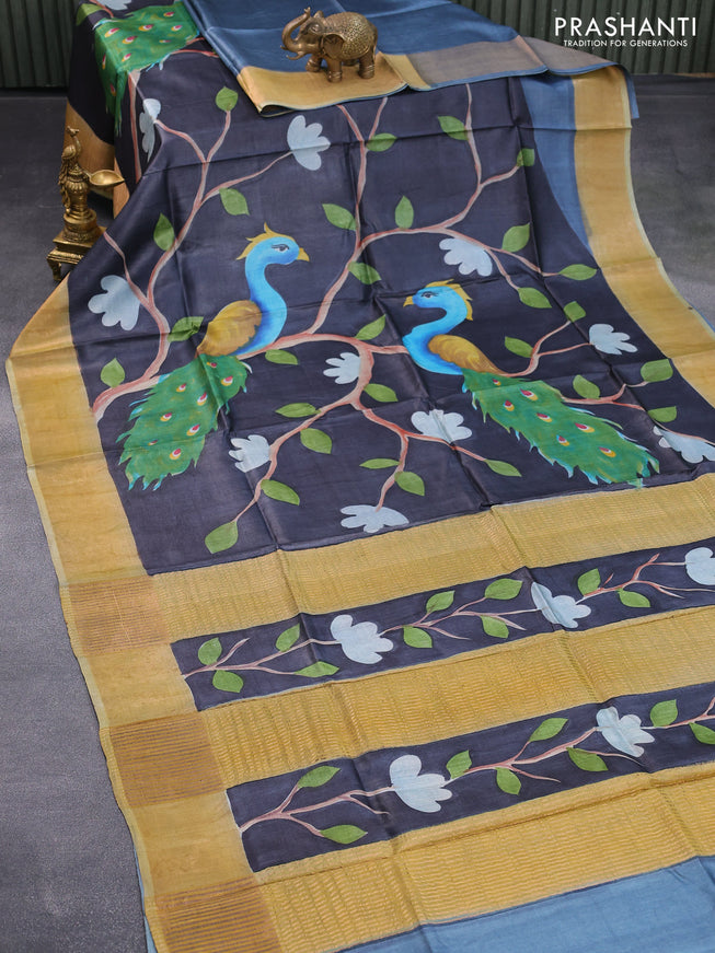 Pure tussar silk saree elephant grey and khaki shade with hand painted prints and zari woven border