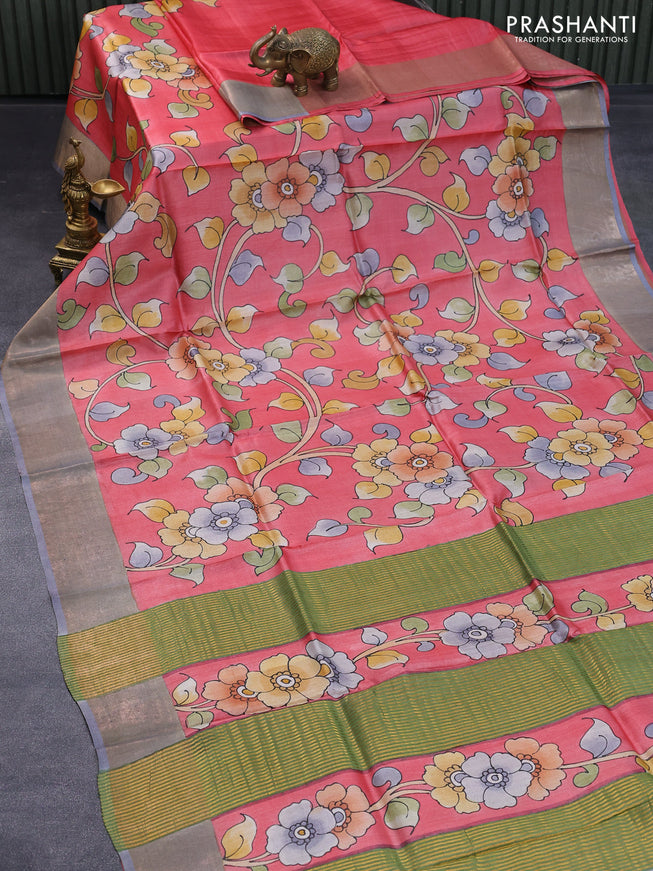 Pure tussar silk saree pink and grey with allover kalamkari hand painted prints and zari woven border