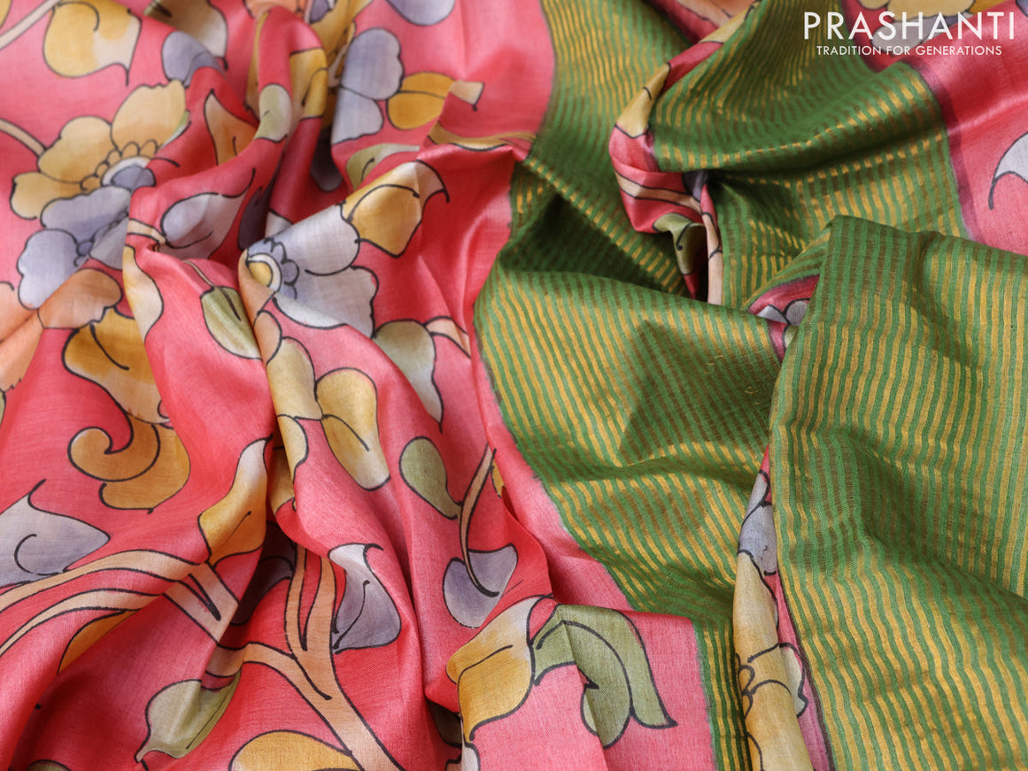 Pure tussar silk saree pink and grey with allover kalamkari hand painted prints and zari woven border