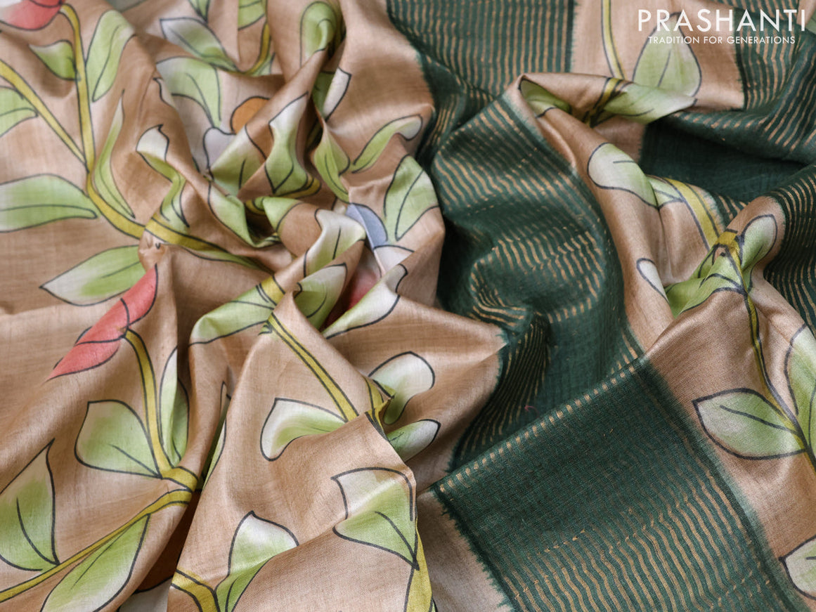 Pure tussar silk saree pastel brown and pastel shade of green with allover floral kalamkari hand painted prints and zari woven border