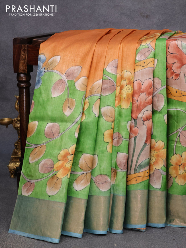 Pure tussar silk saree green and pastel blue with allover floral kalamkari hand painted prints and zari woven border