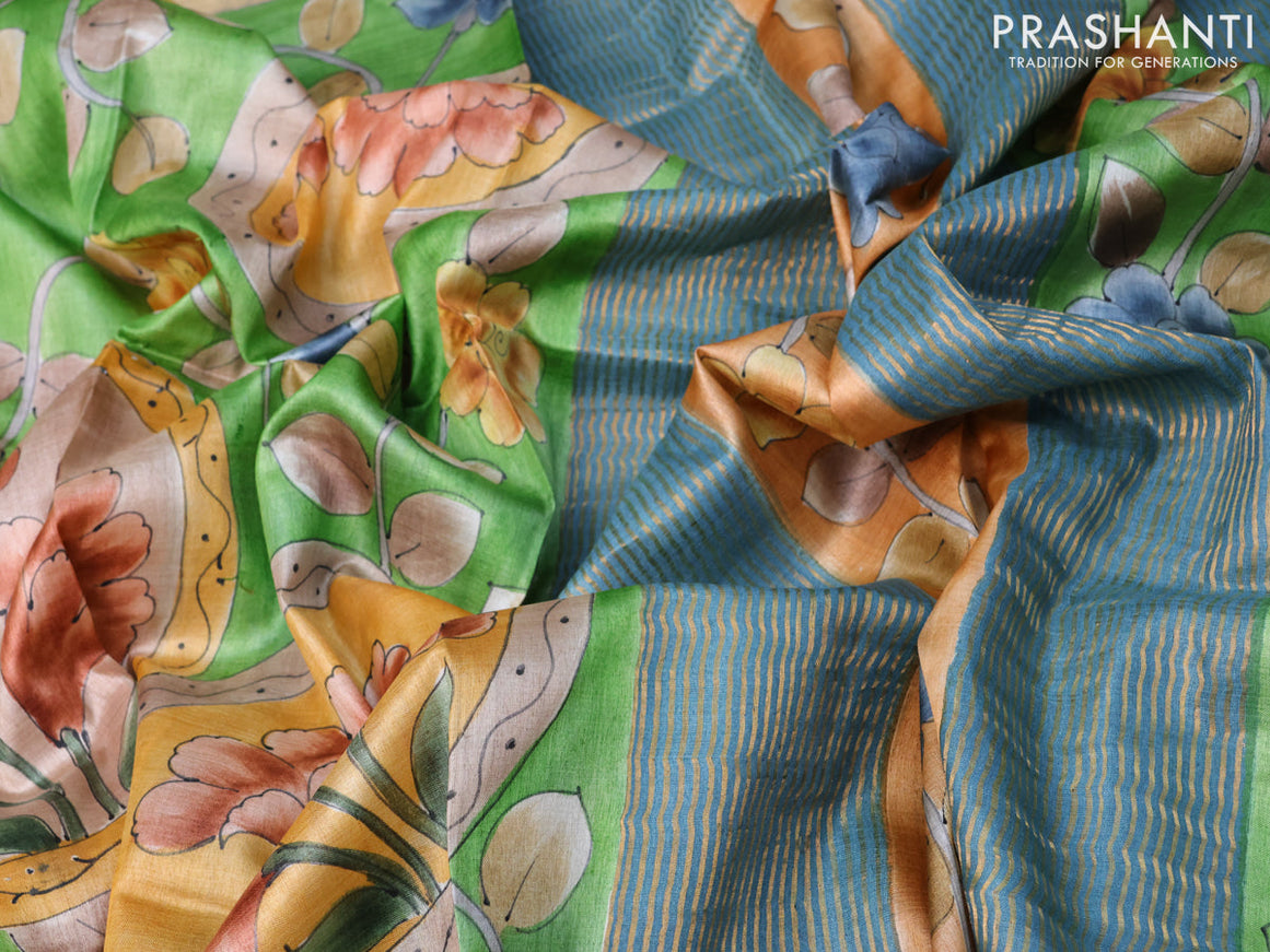 Pure tussar silk saree green and pastel blue with allover floral kalamkari hand painted prints and zari woven border