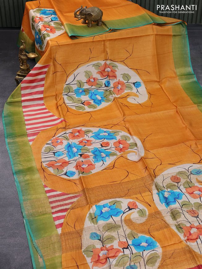 Pure tussar silk saree mustard yellow and teal green shade with floral hand painted prints and zari woven border