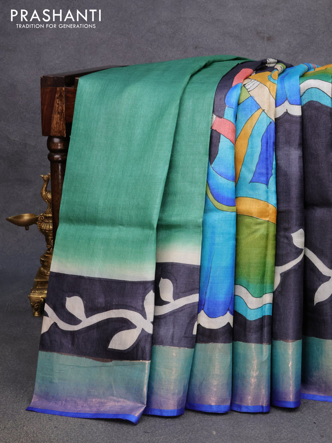 Pure tussar silk saree elephant grey and blue teal green shade with hand painted prints and zari woven border