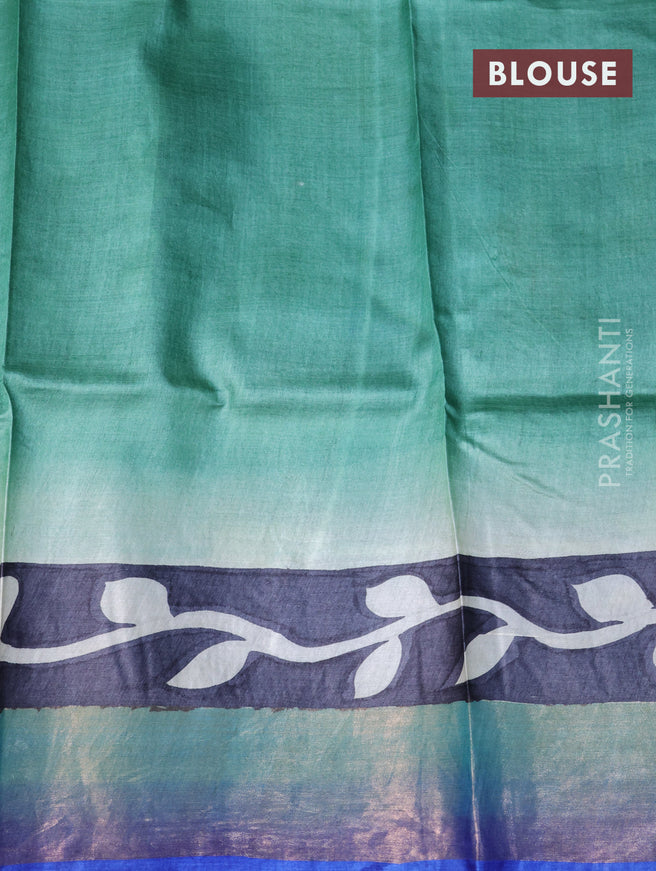 Pure tussar silk saree elephant grey and blue teal green shade with hand painted prints and zari woven border