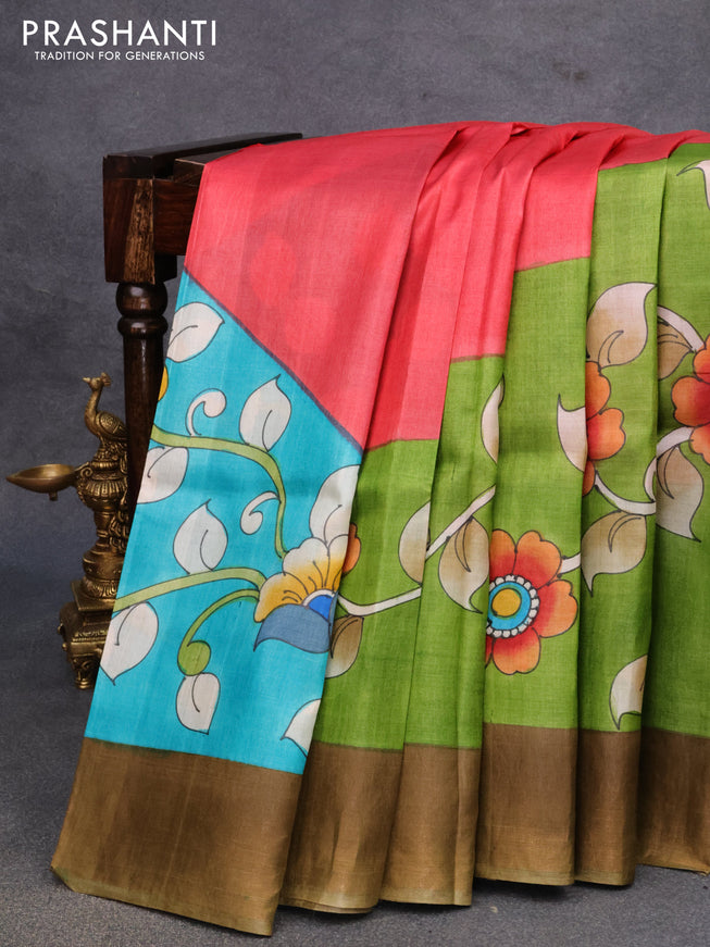 Pure tussar silk saree light green and blue pink with allover floral kalamkari hand painted prints and zari woven border