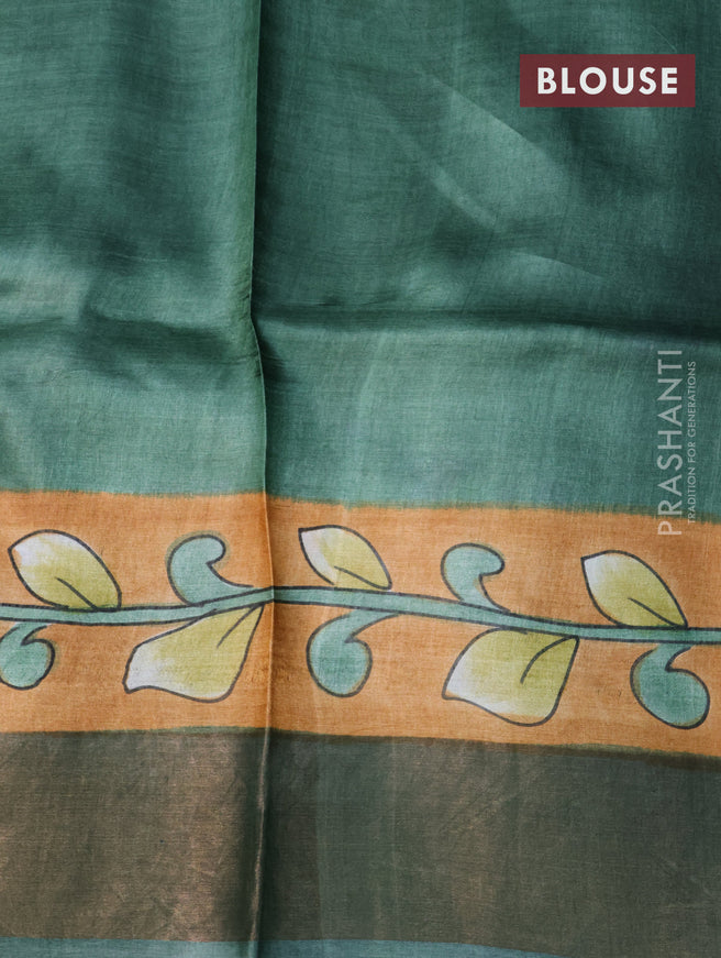 Pure tussar silk saree dark mustard and pastel green with allover floral kalamkari hand painted prints and zari woven border