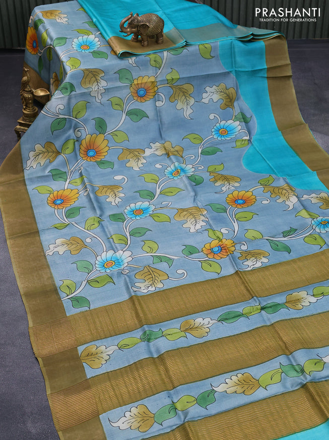 Pure tussar silk saree grey teal blue and elaichi green with allover floral kalamkari hand painted prints and zari woven border