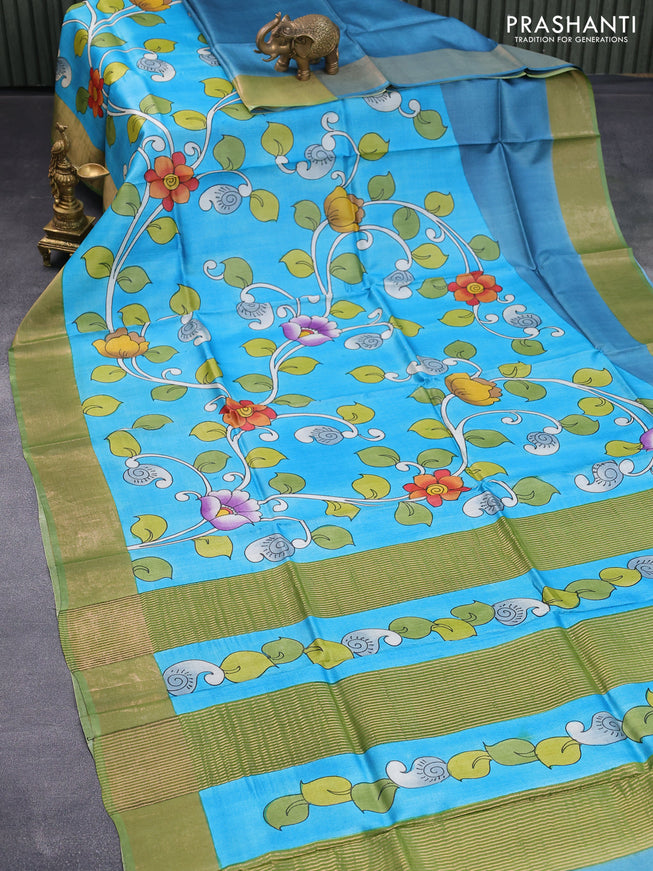 Pure tussar silk saree light blue and green with allover floral kalamkari hand painted prints and zari woven border