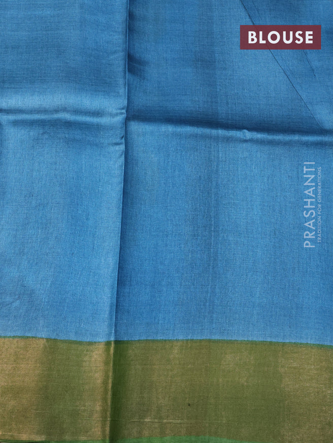 Pure tussar silk saree light blue and green with allover floral kalamkari hand painted prints and zari woven border