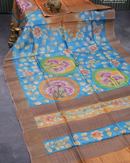 Pure tussar silk saree blue and pastel brown with allover floral kalamkari hand painted prints and zari woven border