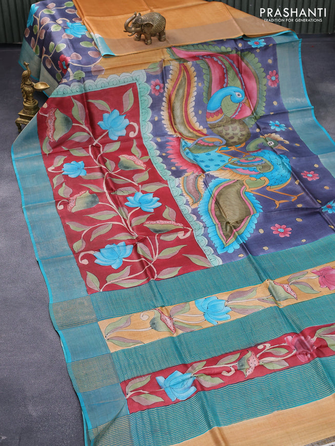 Pure tussar silk saree maroon and teal blue with allover kalamkari hand painted prints and zari woven border