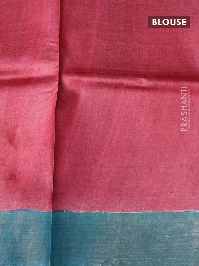 Pure tussar silk saree maroon and teal blue with allover kalamkari hand painted prints and zari woven border