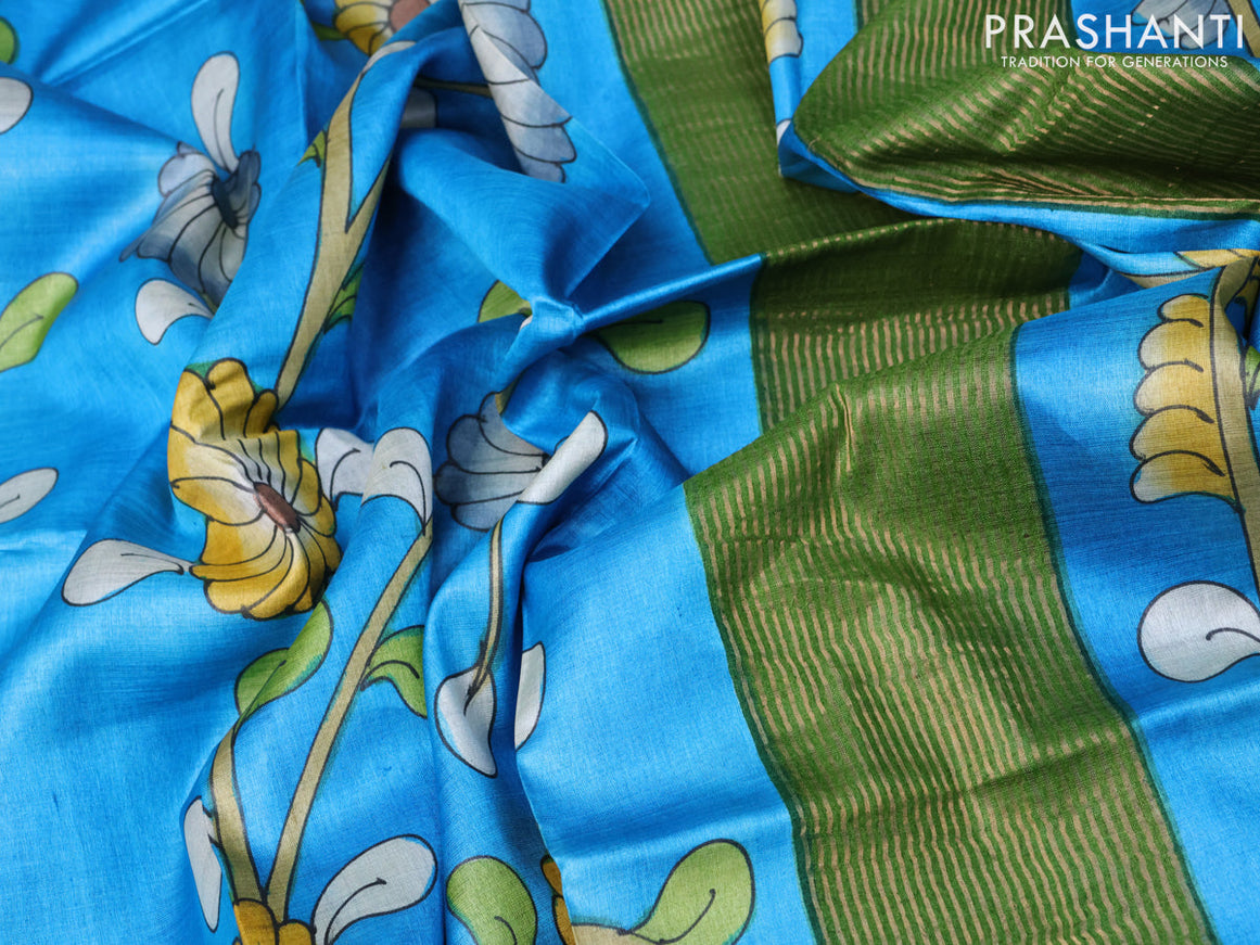 Pure tussar silk saree blue and green with allover floral kalamkari hand painted prints and zari woven border