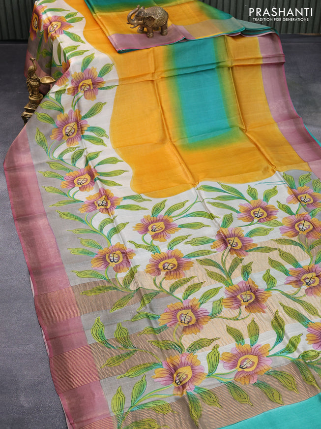 Pure tussar silk saree mango yellow grey and teal green maroon with hand painted prints and zari woven border