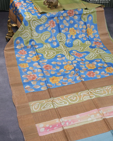Pure tussar silk saree pastel green and blue brown with allover floral kalamkari hand painted prints and zari woven border