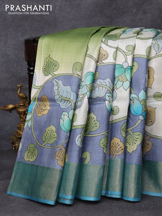 Pure tussar silk saree off white grey and blue green with allover kalamkari hand painted prints and zari woven border
