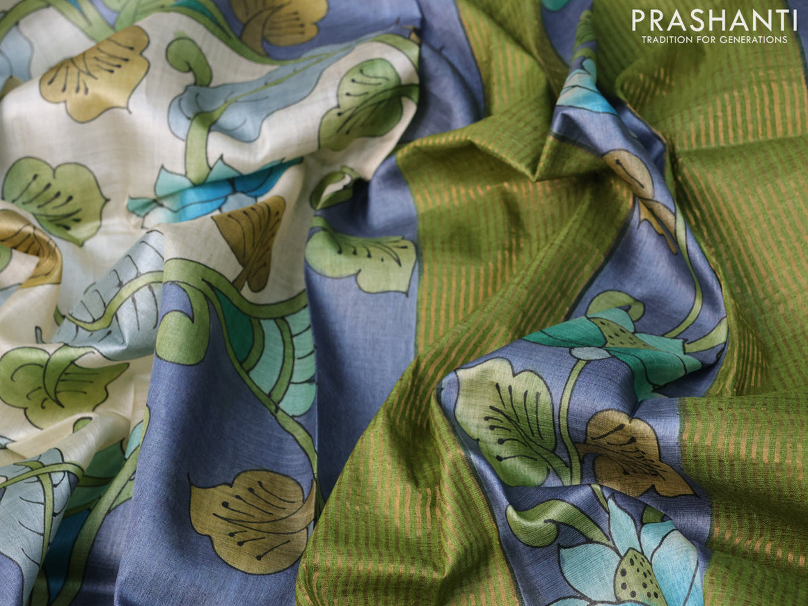 Pure tussar silk saree off white grey and blue green with allover kalamkari hand painted prints and zari woven border