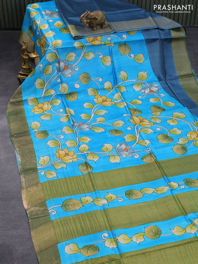 Pure tussar silk saree blue and green shade with allover floral kalamkari hand painted prints and zari woven border