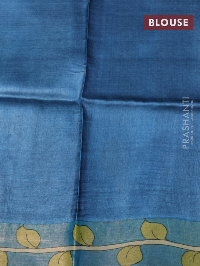 Pure tussar silk saree blue and green shade with allover floral kalamkari hand painted prints and zari woven border