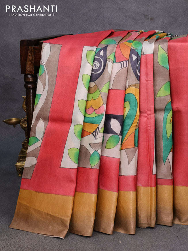 Pure tussar silk saree red shade and mustard yellow with hand painted prints and zari woven border
