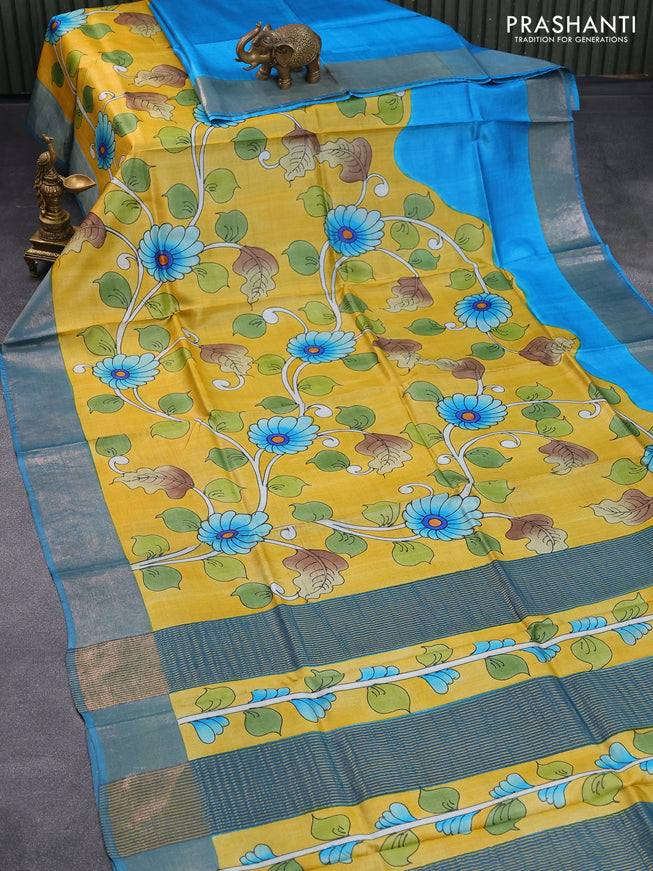 Pure tussar silk saree yellow and peacock blue with allover floral kalamkari hand painted prints and zari woven border