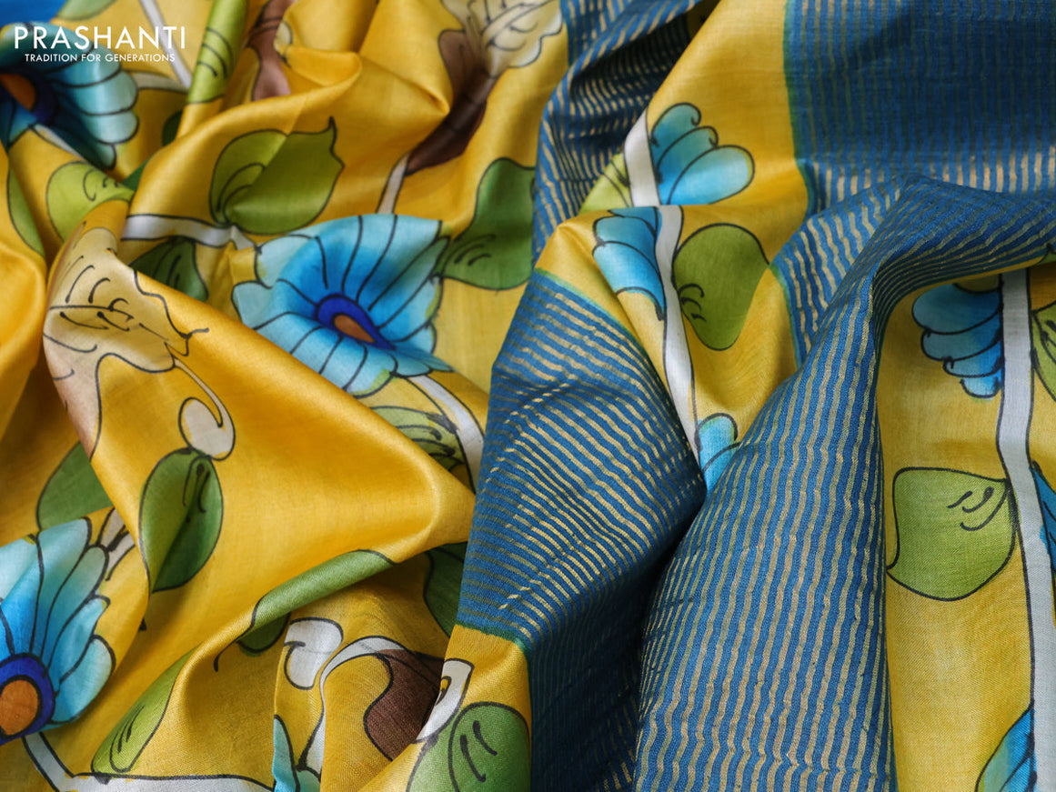 Pure tussar silk saree yellow and peacock blue with allover floral kalamkari hand painted prints and zari woven border
