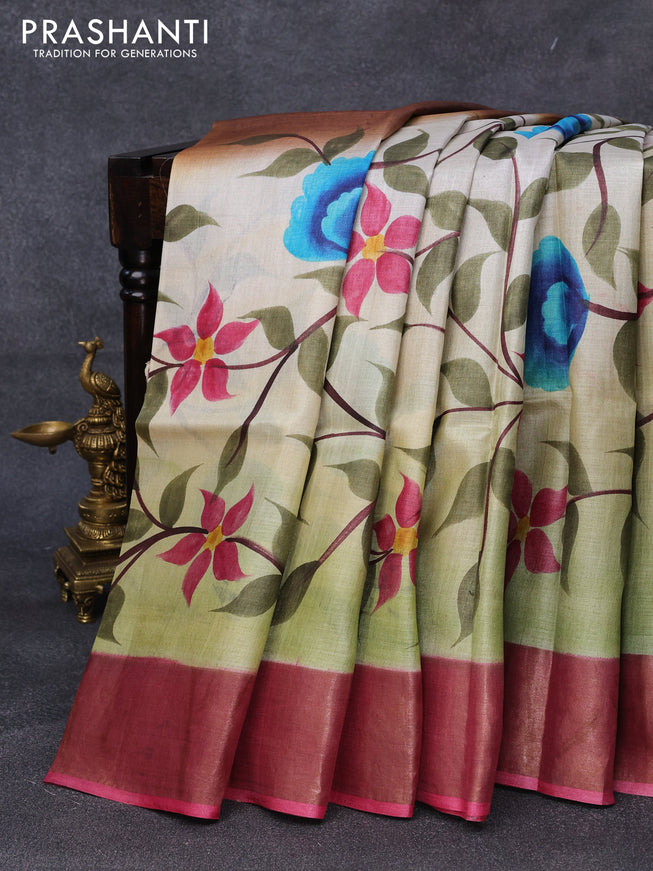 Pure tussar silk saree off white elaichi green and pink with floral hand painted prints and zari woven border