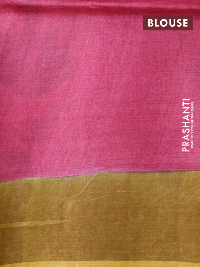 Pure tussar silk saree off white elaichi green and pink with floral hand painted prints and zari woven border