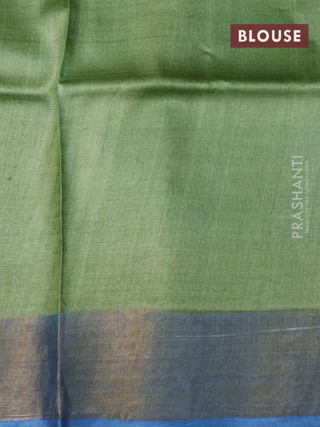 Pure tussar silk saree blue orange and light green with allover floral kalamkari hand painted prints and zari woven border