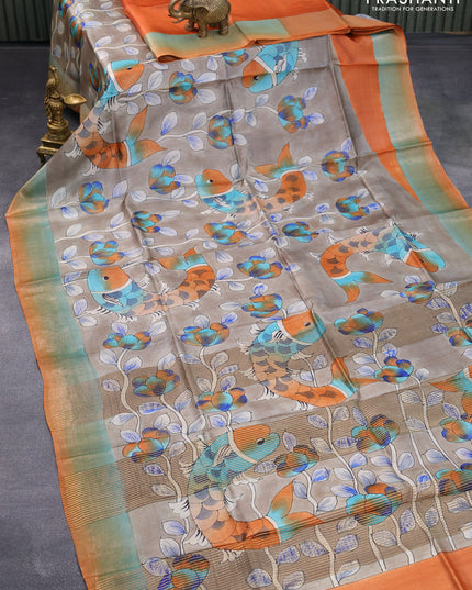 Pure tussar silk saree grey and orange with allover kalamkari hand painted prints and zari woven border
