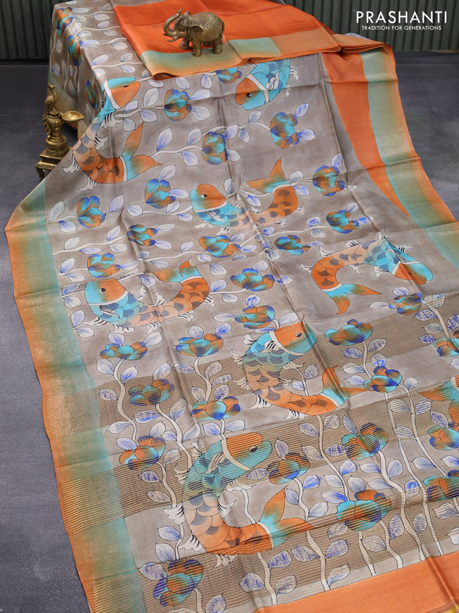 Pure tussar silk saree grey and orange with allover kalamkari hand painted prints and zari woven border