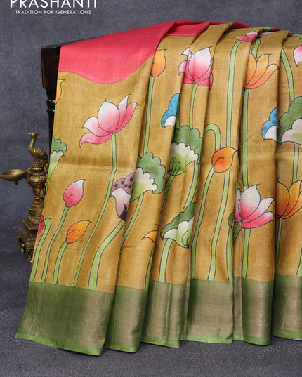Pure tussar silk saree mustard shade and green red with allover pichwai hand painted prints and zari woven border