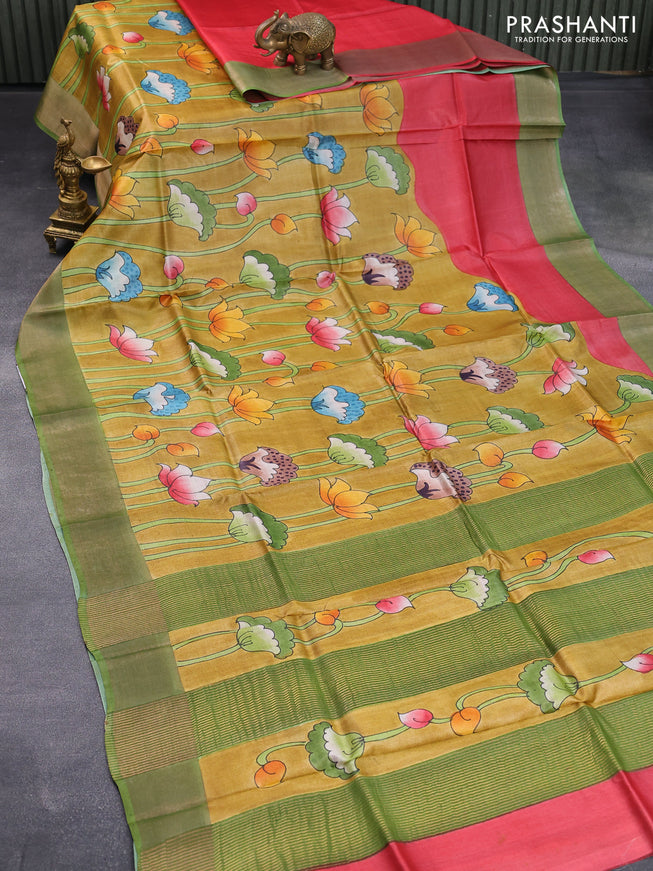 Pure tussar silk saree mustard shade and green red with allover pichwai hand painted prints and zari woven border
