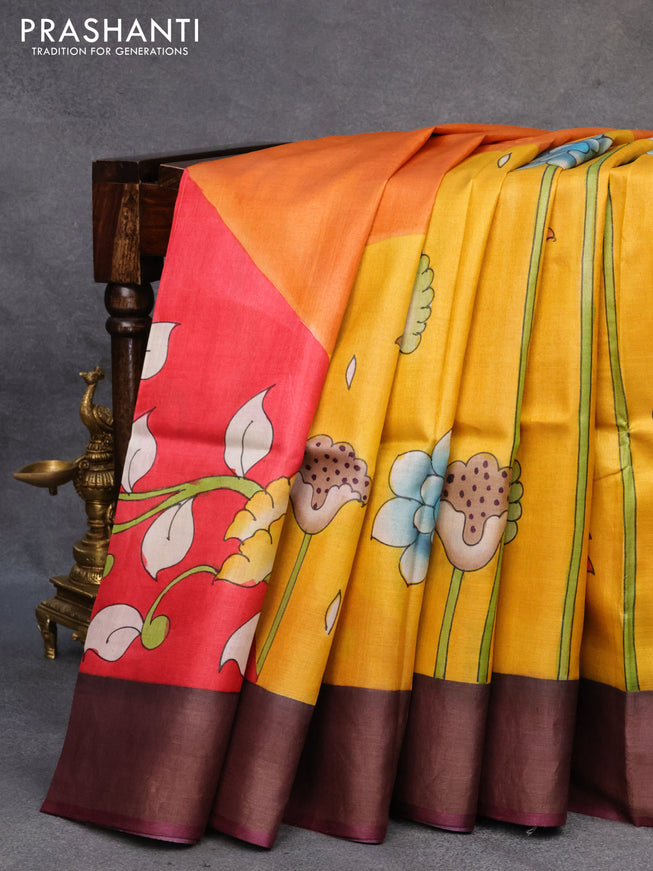 Pure tussar silk saree mango yellow and red wine shade with allover pichwai hand painted prints and zari woven border