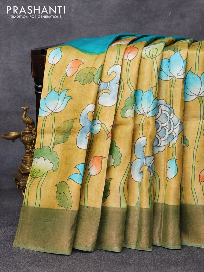 Pure tussar silk saree mustard shade and green blue with hand painted prints and zari woven border