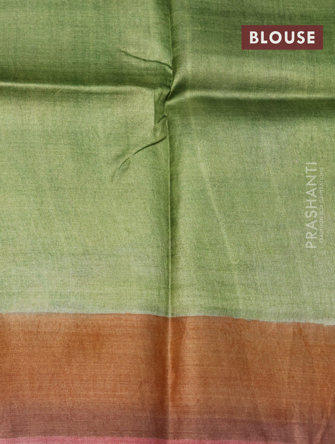 Pure tussar silk saree pista green and red with hand painted prints and zari woven border