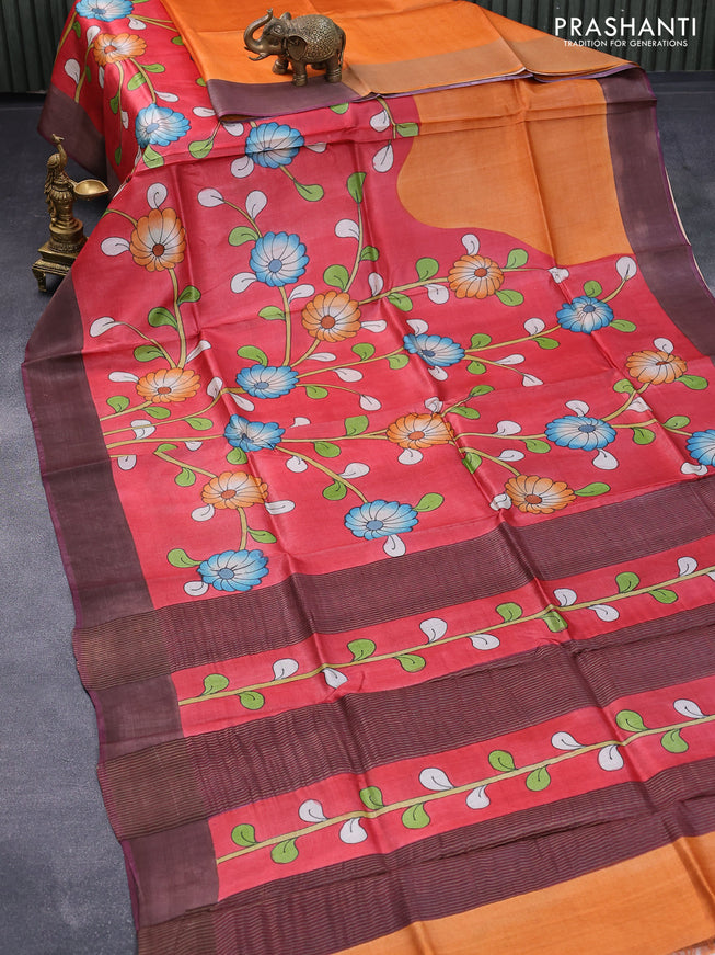 Pure tussar silk saree red and wine shade with floral kalamkari hand painted prints and zari woven border